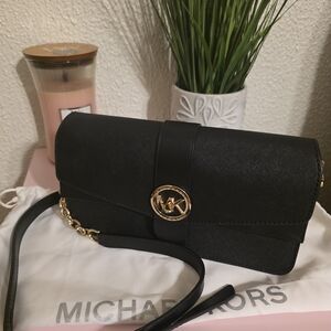 Michael Kors Black Crossbody Clutch with Gold MK Emblem